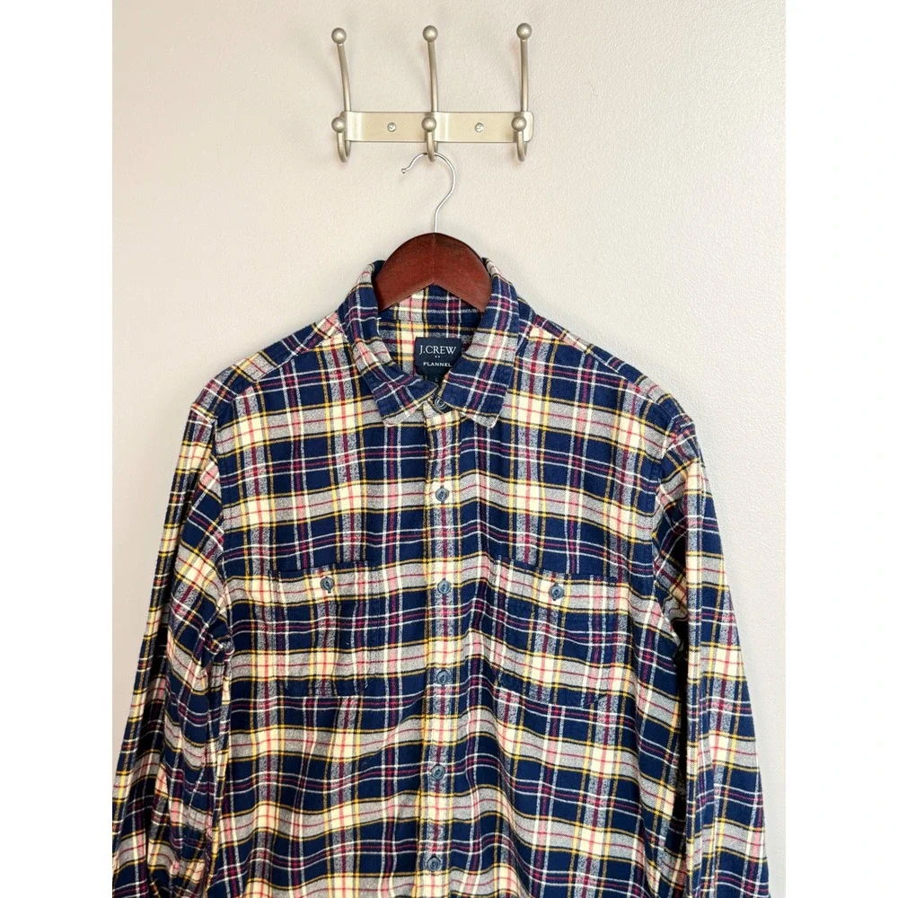 J. Crew Mens Flannel Shirt L Blue Yellow Plaid Cotton‎ Long Sleeve AF877 Y2K